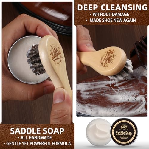11 PCS Leather Care Kit - Horsehair Brushes,Saddle Soap,Waterproofing Wax,Mink Oil Conditioner,Polishing Cloth,Microfiber cloth,Boot Shoe Shine Cleaning Kit Gift for Men Cowboy Husband Dad