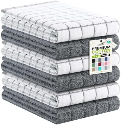 Premium 100% Cotton Terry Kitchen Towels 6 Pack, 16"x 28", Grey