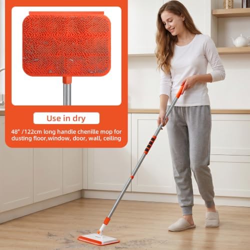 Wall & Baseboard Cleaner Mop Tool with 49'' Long Handle for Cleaning Window Floor Skirting Board Ceiling Bathtub Tub Tile Scrubber Brush Duster with 4 Reusable Pads