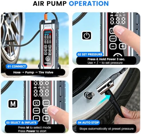 Car Jump Starter with Air Compressor and Vacuum Cleaner, 12000mAh Portable 12V Battery Jump Starter, Car Battery Booster with LED Light for Gas and Diesel Engines
