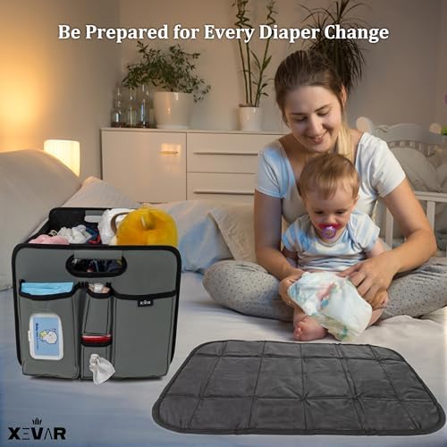Baby Car Diaper Caddy Organizer with Changing Pad - Portable Car Caddy for Newborn Essentials, Diapers & Wipes, Perfect for Baby Shower and New Mom | Oxford Fabric, Grey