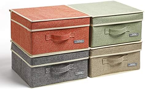 Fabric Storage Bins with Lids Small 4 Pack, Linen Foldable Storage Box with lids 4 Color Set 12.4in/12in/6.7in