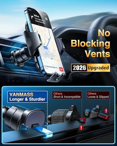 [True Military-Grade] Car Phone Holder [Upgraded Strongest Suction&Clip] Cell Phone Mount for Dashboard Windshield Vent Kit, Truck Cradle Stand for iPhone 18 Pro Max 17 16 15 Android,Ink Black