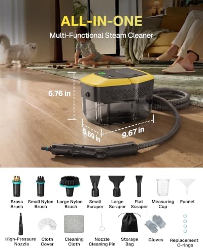 Steam Cleaner 1.9 Qt Tank Portable Steamer for Cleaning with 3-Levels Adjustable Handle 15s Heat-Up Steam Cleaner for Cars, Home, Tile, Grease and Windows 1500W, 58PSI, 212°F Steam (Yellow)