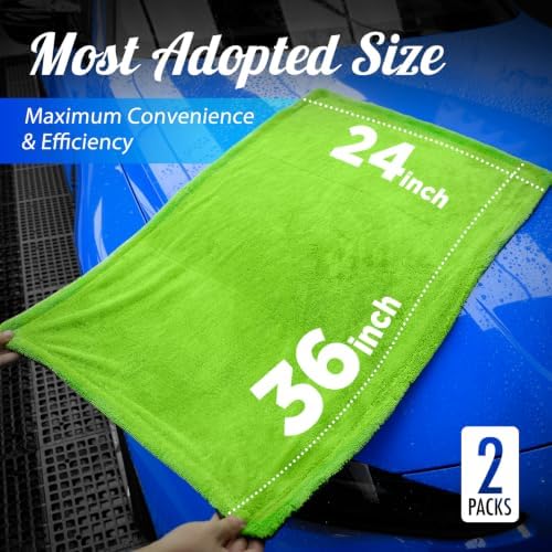 2-Pack Microfiber Towels for Cars (36"x 24"), Twisted Loop Car Towels, Super Absorbent, Scratch-Free and Streak-Free Car Drying Towels for SUVs and Trucks (Green)