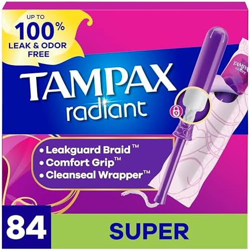 Radiant Tampons for Women, with LeakGuard Braid, Super Absorbency, Unscented, 84 Count (3 Packs of 28), Packaging May Vary
