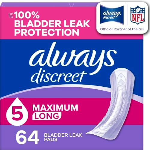 Discreet Adult Incontinence Pads for Women, Drier, 5 Drop Long Length, Heavy Absorbency, Pads for Bladder Control Management, Bladder Leaks, & Postpartum Pads, 64ct