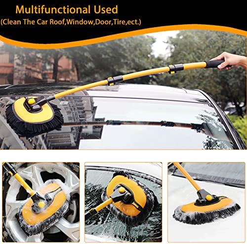 15° Curved Car Cleaning Brush with Telescopic Handle 43" Aluminum Alloy Long Rod Wash Mop For Washing Caravan Van Truck Boat RV Roof Soft Chenille Head Duster Clean Product Not Hurt Paint Scratch Free