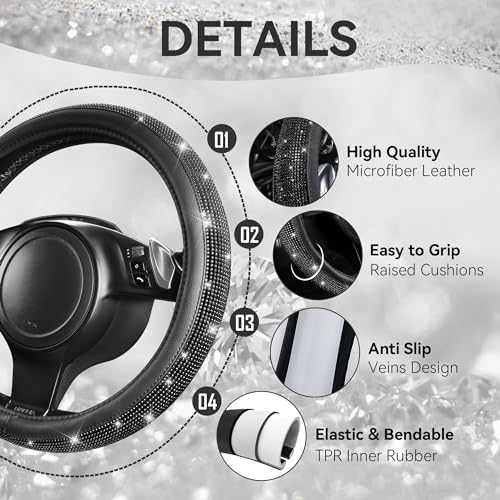 23 PCS Bling Diamond Car Accessories Set for Women, Leather Seat Covers Full Set Floor Mats Steering Wheel Cover, Coasters Seat Belt Covers Phone Holder Universal Fit Car SUV Truck Van Black