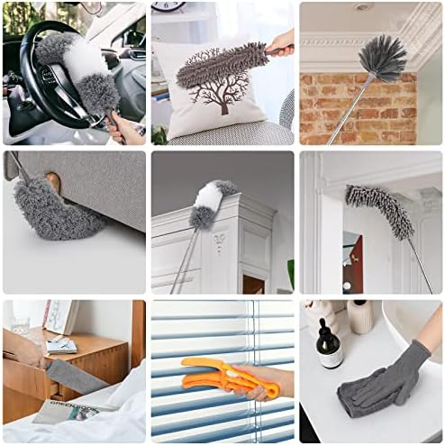 12pcs Microfiber Dusters, Duster with Extension Pole(Stainless Steel) 30 to 100'', Washable Dusters, Bendable Extendable Long Feather Duster for Cleaning Fan, High Ceiling, Blinds, Furniture, Cars