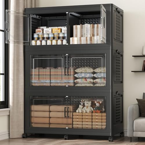 120Gal Stackable Storage Bins with Lid, 480Qt Extra Large Collapsible Storage Box with Wheels, Dividers, Folding Plastic Cabinet Closet Organizers for Home Kitchen Office Dorm, 3Pack Black