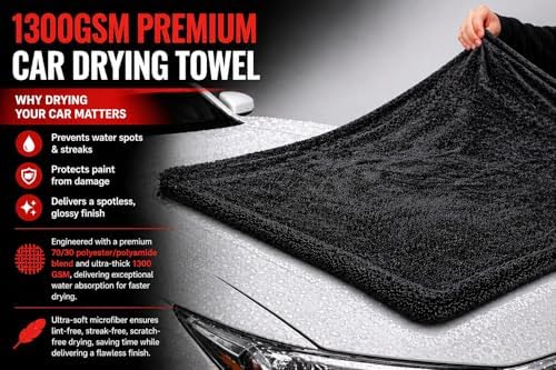 Microfiber Car Drying Towel & Interior Cleaning Cloth Set (2-Piece), 1300 GSM 24” x 36” Twisted Loop + 550 GSM 16” x 16” Coral Fleece, Streak-Free, Scratch-Free, Auto Detailing for Cars, Trucks & SUV