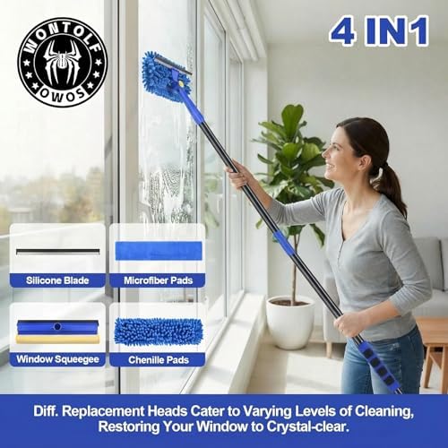 4-in-1 Window Squeegee, 79'' Window Cleaner Tool with Extension Pole, Window Cleaning Kit with Storage Bag, Rotatable Window Washing Kit Equipment for Home, Outdoor High Windows, Glass, Shower