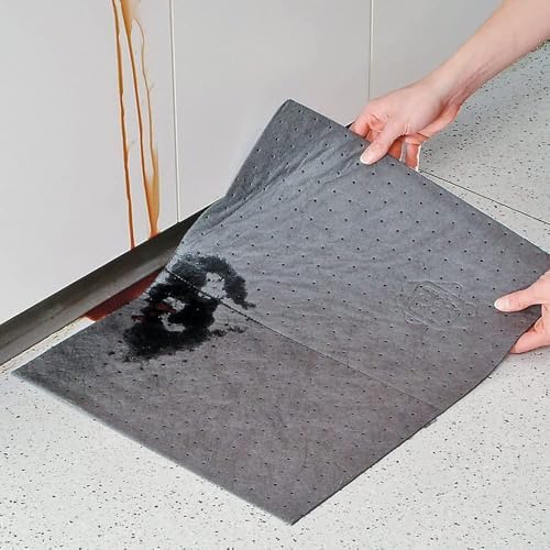 Absorbent Mat Pad in Dispenser Box | 10” W x 13” L | Heavyweight | Absorbs up to 12.8 oz. per pad | 50 Pads per Box | Protect Your Home Garage Basement | PM50837