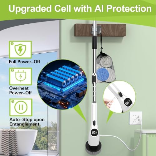 Electric Spin Scrubber - 10-in-1 Cordless Shower Scrubber & Cleaning Brush with Extendable Handle, 44 in-lbs Ultra High Torque, 2 Speeds, IPX7, LED Display, Smart AI Chip, for Bathroom, Kitchen