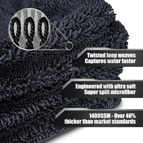 Microfiber Car Drying Towel 24"x36", 1400GSM Twisted Loop Super Absorbent
