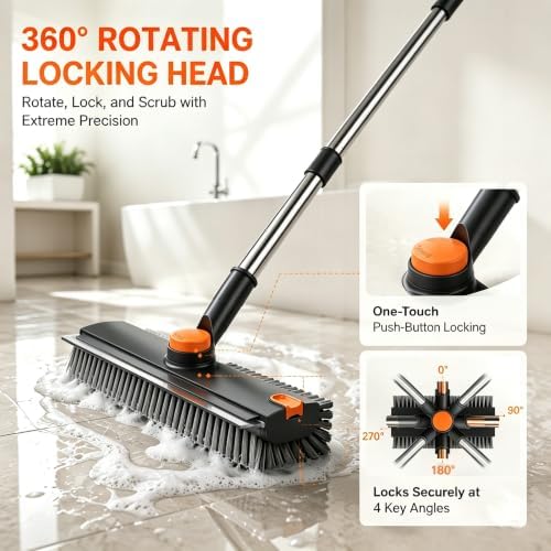 3-in-1 Floor Scrub Brush with Long Handle, Rotating Head Squeegee & Tweezer