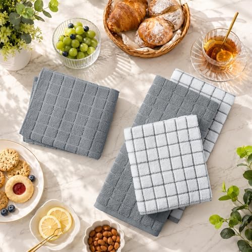 Premium 100% Cotton Terry Kitchen Towels 6 Pack, 16"x 28", Grey
