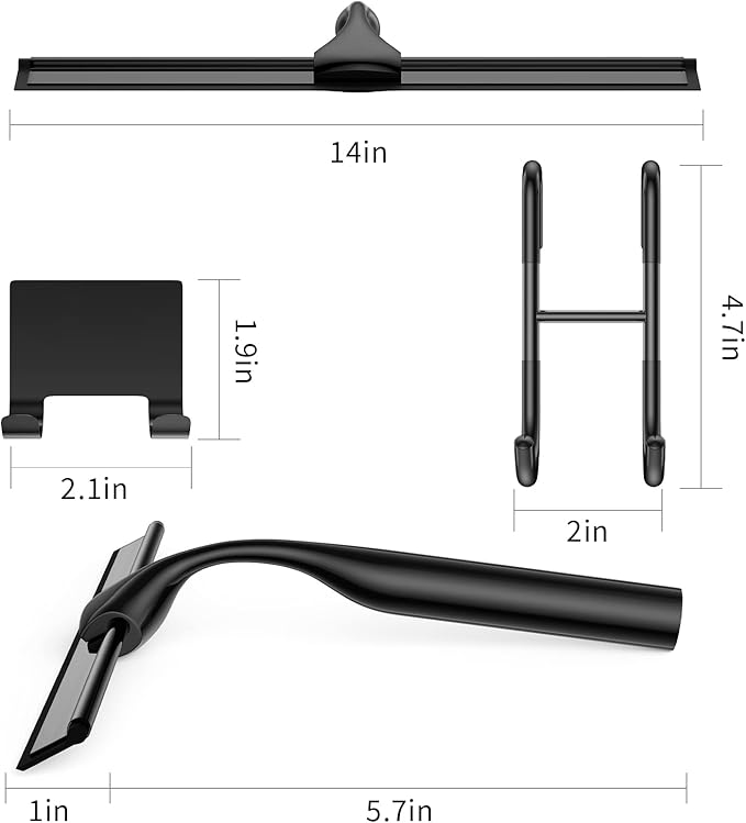 Black 14-Inches Stainless Steel Shower Squeegee Set, Include Shower Door Hook, Adhesive Hook and Spare Silicone Blade, Window Squeegee for Shower Glass Door, Bathroom, Mirror, Window and Car Glass