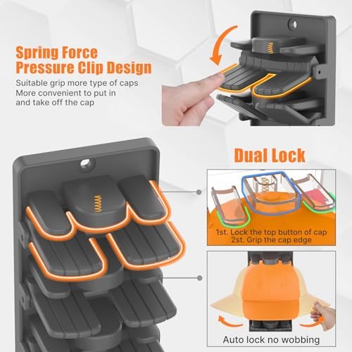 Hat Organizer for Baseball Caps 2 Packs with Built-in Spring Clips - Wall Mount Closet Hat Rack Holder,Storage for Door/Closet Display Hat Racks Hanger (Strong Adhesive & Screws) Matte Black.