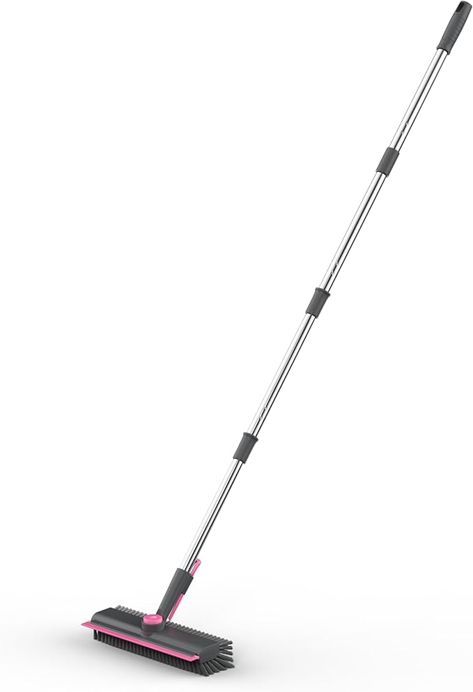 AIR U+ Floor Scrub Brush with Long Handle, 3 in 1 Scrape and Heavy-Duty Stiff Bristle Scrubber Brush for Cleaning Shower Bathroom, Patio, Pool, Garage, Kitchen, Wall and Deck, Gray and Pink