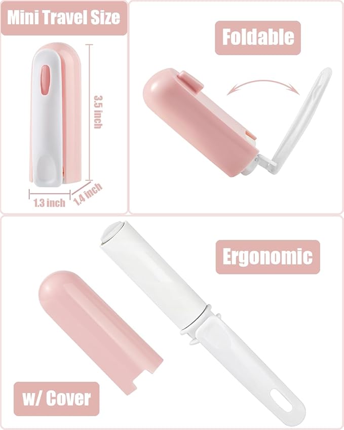 Mini Travel Lint Roller with Cover and 4 Refills Compact Sticky Roller for Clothes Travel Essentials for Pet Hair Removal Small Lint Roller for Purse Car (Pink)