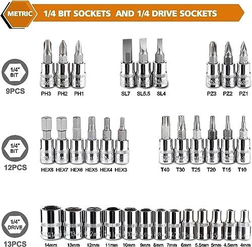 46 Pieces 1/4 inch Drive Socket Ratchet Wrench Set, with Bit Socket Set Metric and Extension Bar for Auto Repairing and Household, with Storage Case
