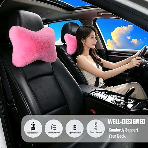 2 Pack Cute Car Neck Pillows Soft Plush Headrest Cushions for Neck Support Adorable Car Interior Decor Accessories(Pink)