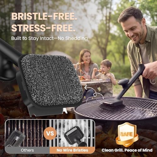 Bristle-Free BBQ Grill Brush - No Wire Risk Steam Cleaner Removes Burnt Grease Fast - 17" Cool-Touch Handle, Scraper & 3 Replaceable Heads for Gas, Charcoal & Cast Iron