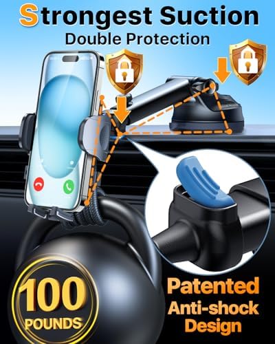 2026 Ultimate Best【True Military-Grade & Safety Cert】Car Phone Holder 【Upgraded 360° Rotation & 100LBS Strongest Suction】5-in-1 Truck Windshield Dashboard Vent Mount Stand for iPhone Android, Black
