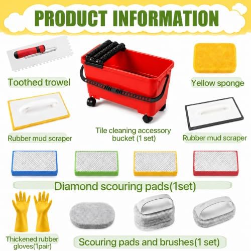 12 Pack Grout Cleaning System Set, 6 Gallon Grouting Bucket with 3 Spiral Rollers, 2 Rubber Floats, 2 Grout Sponges, 4 Diamond Hand Pads, Tile Trowel, Tiling Tools for Ceramic Tile Work