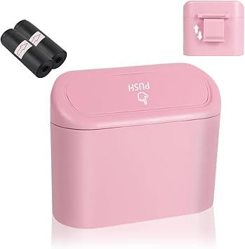 Portable Car Trash Cans with 2 Rolls Garbage Bag,Push-on Car Trash Bin with Lid & Hook for in-Vehicle Waste Disposal,Mul