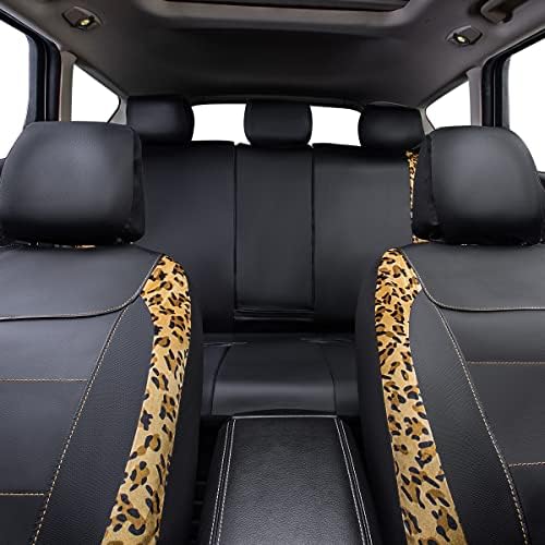 Car seat Covers Protects Leopard Printing Velvet Faux Leather Carbon Fiber Front and Rear Bench (Leopard Brown Black, Full Set - 8PCS)