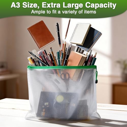 24 Pack A3 Mesh Zipper Bags, 16.9x12.4 12 Colors Storage Pouches