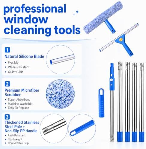 Professional Window Cleaning Kit with 76 Inch Extension Pole