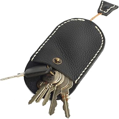 Handmade Leather Drawstring Key Case Oval Key Holder with Secure Snap Button Closure Fits Car Keys, House Keys case