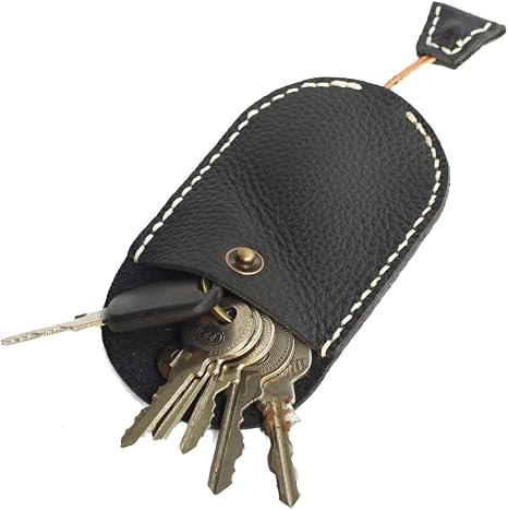 Handmade Leather Drawstring Key Case Oval Key Holder with Secure Snap Button Closure Fits Car Keys, House Keys case