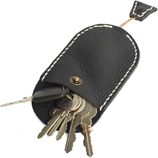 Handmade Leather Drawstring Key Case Oval Key Holder with Secure Snap Button Closure Fits Car Keys, House Keys case