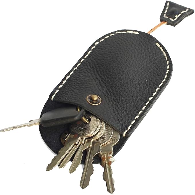 Handmade Leather Drawstring Key Case Oval Key Holder with Secure Snap Button Closure Fits Car Keys, House Keys case