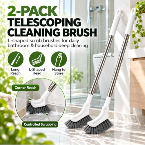 Multifunctional Extendable Long Handle Floor Scrub Brush, L-Shaped Heads