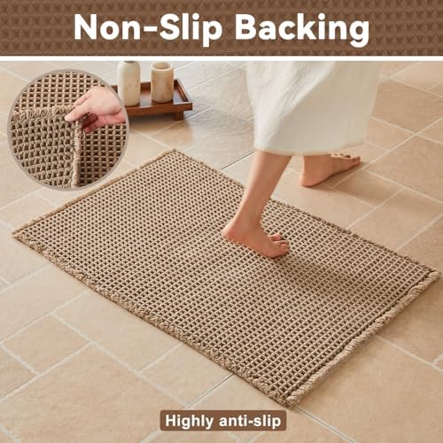 Waffle Bath Mat, Small Boho Bathroom Rugs Non Slip 16x24 Beige
