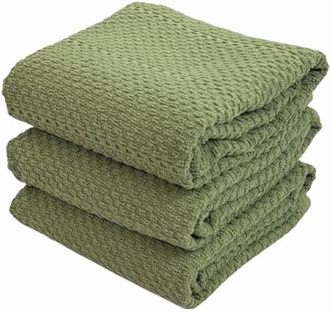 Dark Sage Green Kitchen Hand Dish Towels, Set of 3, 100% Cotton, 18" x 28"