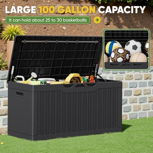 Outdoor Storage Box 100 Gallon Storage Bin with Lid for Patio Furniture, Garden Tools, Pool Supplies, Lockable, Waterproof and UV Resistant, Black
