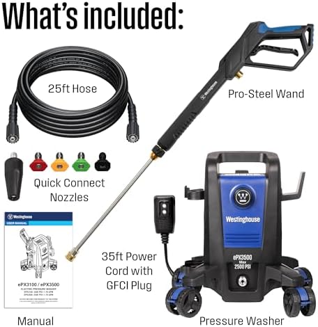 Westinghouse ePX3500 Electric Pressure Washer, 2500 Max PSI 1.76 Max GPM with Anti-Tipping Technology, Onboard Soap Tank, Pro-Style Steel Wand, 5-Nozzle Set, for Cars/Fences/Driveways/Home/Patios