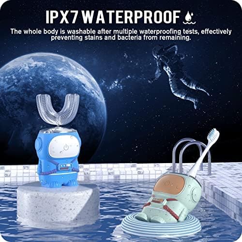 RexCodar Ultrasonic Kid's U-Shaped Electric Toothbrush, IPX7 Waterproof, Five Cleaning Modes, Cartoon Astronaut, 60S Smart Reminder (6-12 Age (Green))