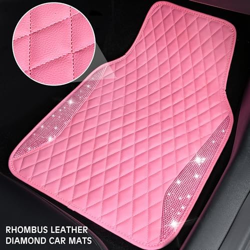 Bling Leather Car Mats Shining Diamond Floor Mats Crystal Rhinestones Sparkly Glitter Carpet Anti-Slip Waterproof Pad Universal Fit for Automotive SUV, Sedan, Van, 5pcs for Girl Women Pink