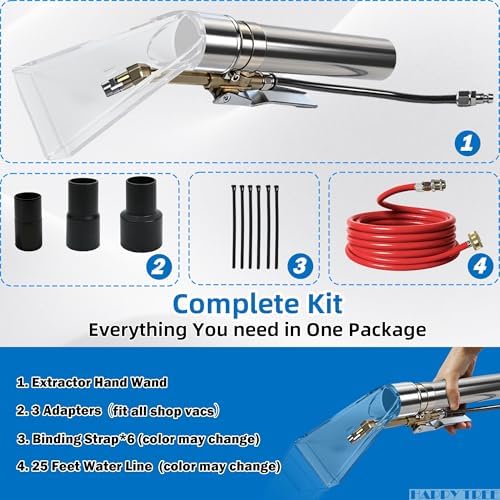 Universal Fit All Brands' Shop Vac Extractor Hose Kit Adapter Wet-Dry Extraction Accessory for Upholstery & Carpet Cleaning Auto Detailing Wet Vaccum Accessories with 25 Feet Water Hose