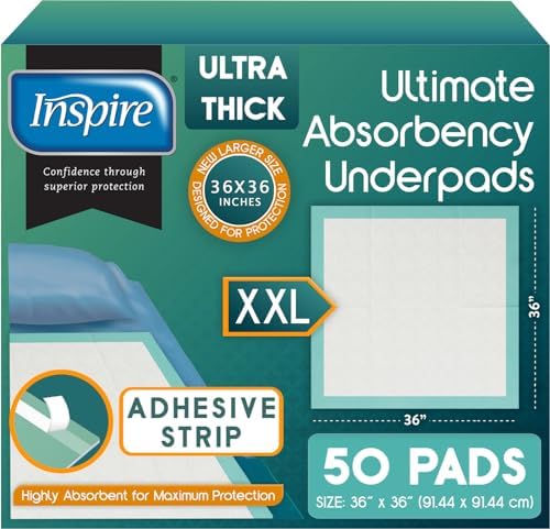 Super and Ultra Absorbent Disposable Bed Pads, 36" X 36", Pack of 50 with Adhesive, XXL