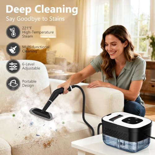 Steam Cleaner, Portable Steamer for Cleaning with 16pcs Accessories, 6-Level Adjustable and 15s Heat-Up, Handheld Steam Cleaner for Home, Tile, Dirt, Grout, Grease, Car Detailing, White
