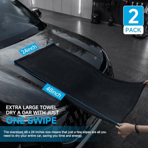 2 Pack Car Drying Towels, 48" x 24" Extra Large Microfiber Towels for Cars, Ultra-Absorbent 70/30 Blend, 1400 GSM, Streak Free, Twisted-Loop Drying Towels Car Detailing for SUV, RV, Truck